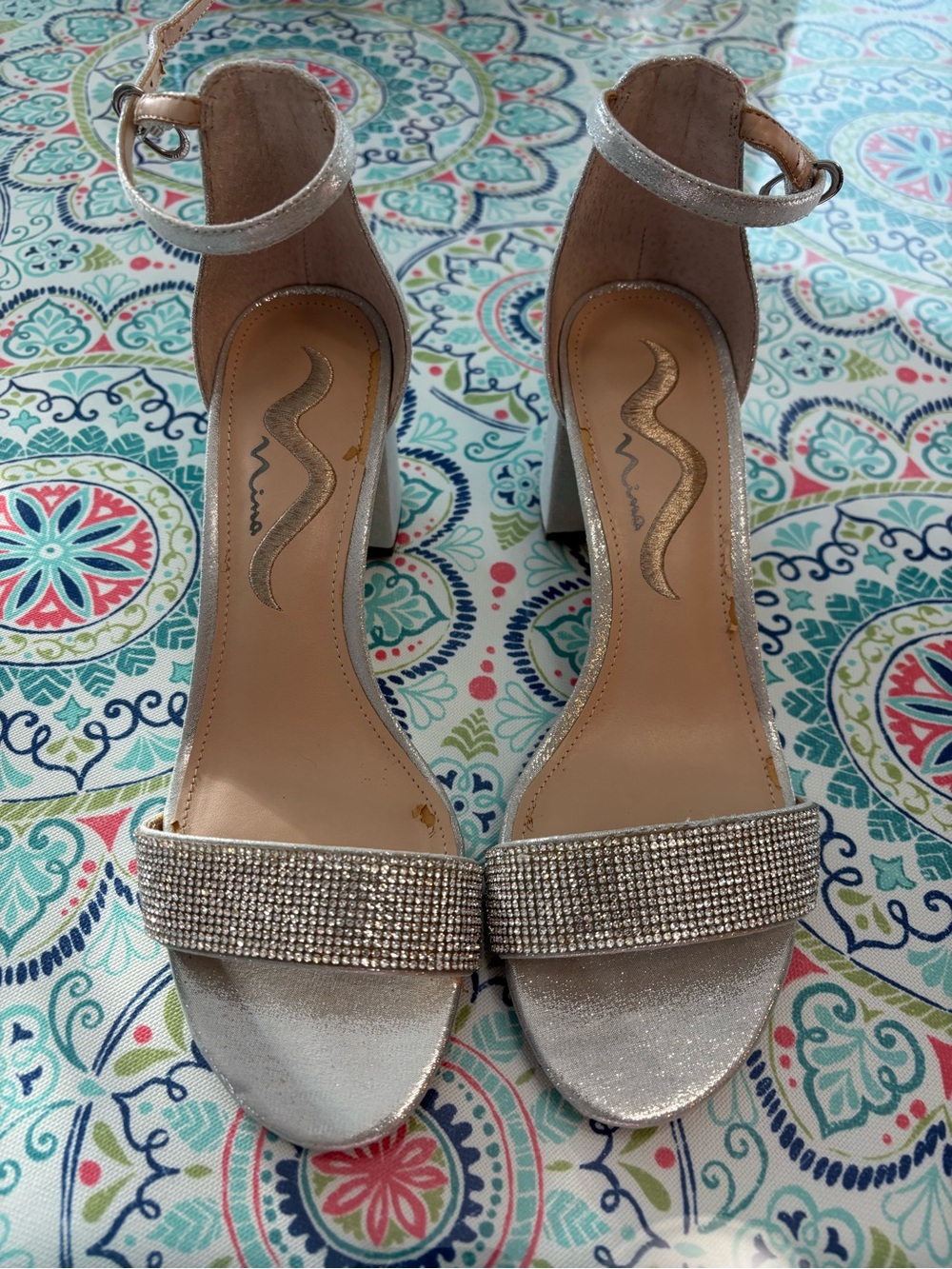 Nina Women's Silver Rhinestone Block Heel Sandals with Ankle Strap 7